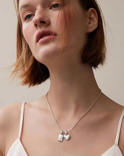 Interchangeable Removable CZ Charms Necklace, Gold Silver Stainless Steel Adjustable Box and Rice Bead Chain Minimalist Custom DIY Pendant Jewelry Gifts - color: Silver-B