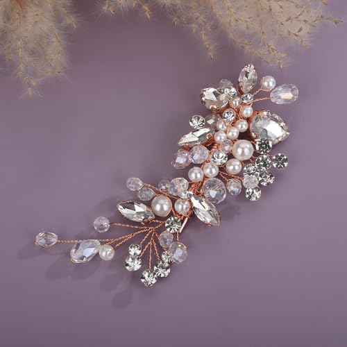 Teyglen Bridal Rhinestone Hair Clip Rose Gold Pearl Crystal Hair Barrette Sparkly Hair Piece Wedding Hair Clips Hair Accessories Jewelry for Women (Rose gold) - color: Rose gold