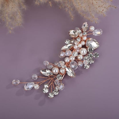 Teyglen Bridal Rhinestone Hair Clip Rose Gold Pearl Crystal Hair Barrette Sparkly Hair Piece Wedding Hair Clips Hair Accessories Jewelry for Women (Rose gold) - color: Rose gold