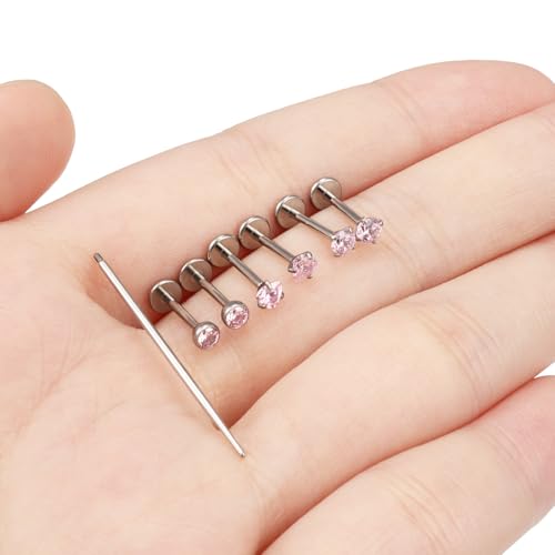 20G 18G 16G F316 Titanium Flat Back Nose Rings Studs Hypoallergenic Screw on Tragus Helix Cartilage Earrings Stud Piercing Jewerly for Women Men Bars 6mm - style: 18G Flat Back Nose Studs-bars 8mm-Pink CZ