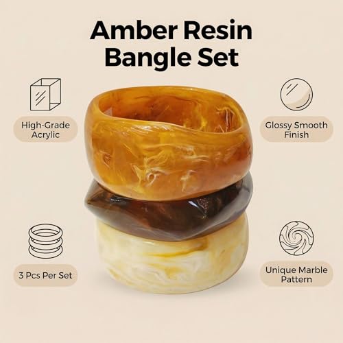 Chunky Bracelet Set for Women | 3-Pack Acrylic Resin Bangles | Brown & Colorful Statement Jewelry | Indian Style Bangle Bracelets - color: 01