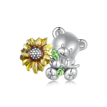 BISAER 925 Sterling Silver Charms for Bracelets Cat Dog Sloth Animal Beads Butterfly Fairy Heart Dangle Pendant Charms - color: Bear Flower
