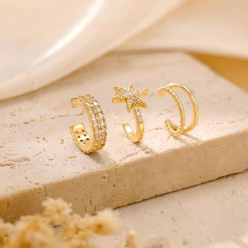 14K Gold Plated Layered Chunky Ear Cuff for Women Thick Ear Clips | Ear Cuff Earrings for Women,Hammered Texture design，Lightweight Hypoallergenic Ear Clips，trendy Jewelry for Daily Party Prom - color: gold 2