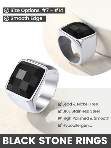 KeyStyle Square Gemstone Signet Rings for Men, Personalized Stainless Steel Pinky Ring with Black Onxy Blue Topaz Birthstone Statement Ring - color: 316L Stainless Steel-Black Onyx-15mm
