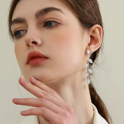 Gold/Silver Clip on Earrings Non Pierced for Women - 14K Gold Plated Long Tasse Drop Dangle Clip Earrings - Cubic Zirconia Leaf Earrings for Women Gold Wedding Jewelry Gifts - color: Silver-tone