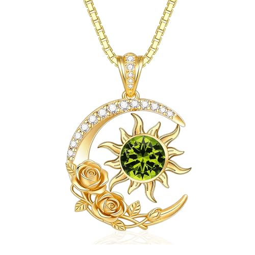 Midari 18K Yellow Gold Sun Moon Star Pendant Rose Flower Necklaces I Love You Forever Sun Moon Jewelry Gift for Mother Women - color: 08-Aug-Peridot, style: Sun&Moon
