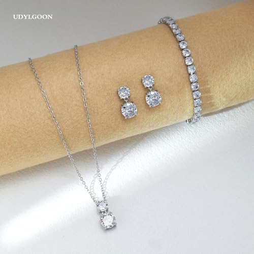 3-Piece Cubic Zirconia Wedding Jewelry Set for Women Bride Bridesmaid Gift | Hypoallergenic, Earrings Necklace Adjustable Bracelet for Prom Formal Parties - color: White Gold
