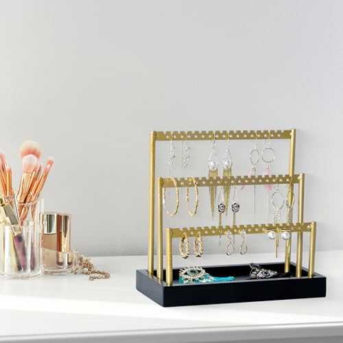 SANY DAYO HOME 3-Tier Earring Holder Organizer Stand, 105 Holes Gold Metal Earring Rack Jewelry Display Tree with Black Wood Tray for Women and Girls - color: Gold Rack Black Base