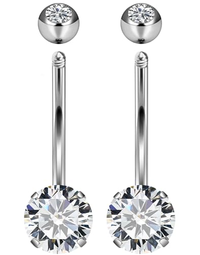 Long Belly Button Ring 6mm 8mm 10mm 12mm 14mm Surgical Stainless Steel Round Cubic Zirconia Navel Barbell Long Bar Belly Button Piercing Jewelry Silver, black, rose gold belly ring - color: 2pcs-12mm-Silver navel ring