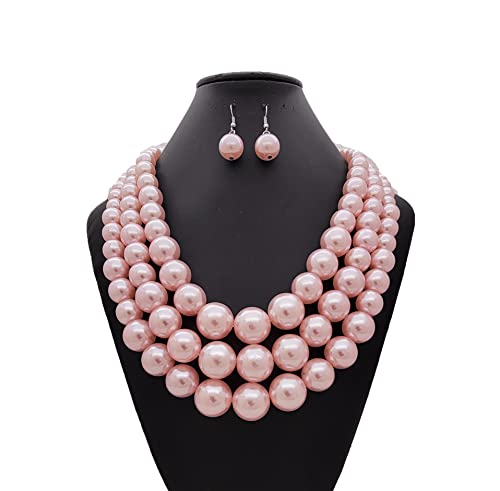 Fashion 21 Women's Faux Pearl Three Multi-Strand Statement Necklace and Earrings Set - color: Light Pink