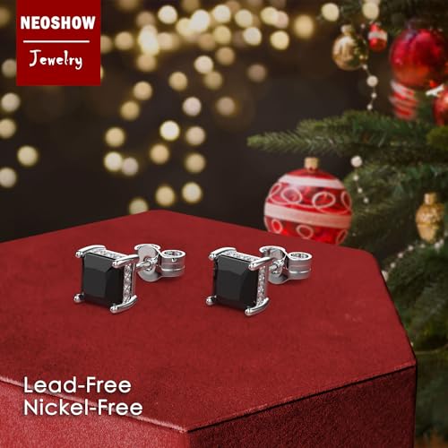 Princess Cut Cubic Zirconia Stud Earrings for Men Women | Square CZ Simulated Diamond Studs, 18K White Gold Plated Sterling Silver, Hypoallergenic - color: Black, size: 4MM