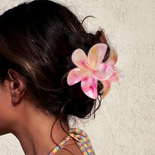 Flower Hair Clips for Women Girls Claw Clips Set Orange-Pink Plumeria with Marble Design Barrettes Summer Hair Clip Fashion Hair Styling Accessories for Thick Thin Hair(3Pcs:1 Large 2Small) - color: Orange-Pink