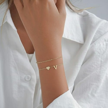 Gold Initial Bracelets for Women Trendy, Dainty Layered 14K Gold Plated Heart Letter Charm Bracelets, letter beads for name bracelets Jewelry Gifts - color: Gold-V
