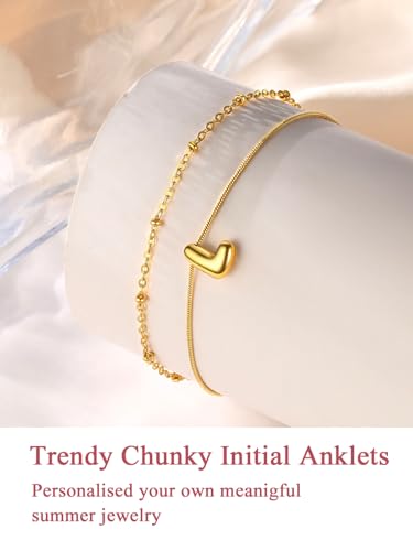 FOCALOOK Initial Anklet Bracelet for Women, 14K Gold Plated Anklets Layer Letter Ankle Chain Non Tarnish, 8.5"+2" Adjustable Large Ankle Summer Beach Foot Jewelry - color: Gold-L