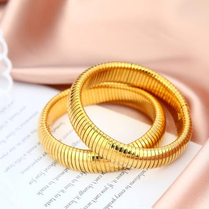 Gold Chunky Stretch Snake Chain Bangle Bracelets Stack for Women Trendy, 18K Gold Filled Stainless Steel Stretchy Womens Stackable Wristband Bangles Bracelet Set - style: GOLD 16MM 2PCS