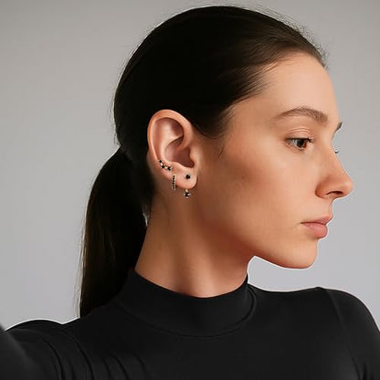 3 Pairs Dainty Small Earrings Set for Women Trendy, Birthstone Stud Huggie Hoop Jacket Stack for Cartilage Helix, Gold Plated Hypoallergenic Cute Women Fashion Accessories Western Jewelry Gifts - color: Black CZ (Gold)