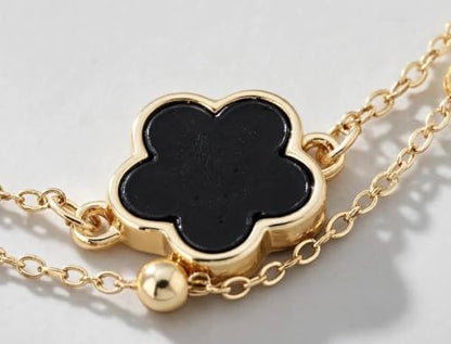 Gold-Tone Double Layer Clover Charm ankle Bracelet, black stone, Adjustable - color: black