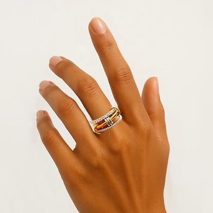 Stackable Rings for Women Non Tarnish,Dainty 18k Gold Plated CZ Cubic Zirconia Rings,Silver and Gold Rings Set,Multi-Link Connected Rings - color: Three rings set