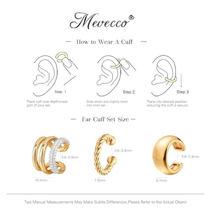 MEVECCO Ear Cuffs Non Piercing 18K Gold Plated Ear Cuff Earring Sets Clip on Cartilage Cubic Zirconia Pearl Minimalist Hypoallergenic Fake Hoop Earrings Stack Women Gifts - style: 3pcs-Tripe