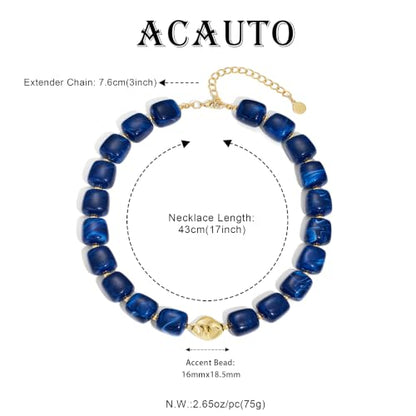 Chunky Beaded Necklace for Women,Square Resin beads boho Choker Necklace with gold-tone spacers,Fashion Trendy Summer Beach Party Necklaces Handmade Surfer Beach Necklaces Jewelry Gifts - color: Deep Blue