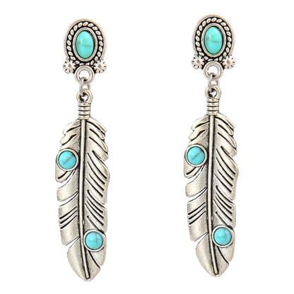 Western Turquoise Earrings Silver western earrings Bohemian turquoise western Jewelry for Women (Feather-Earrings)