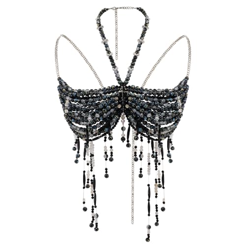 Black Beaded Bra, Body Chain Jewelry, Festival/Burlesque Costume