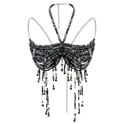 Black Beaded Bra, Body Chain Jewelry, Festival/Burlesque Costume