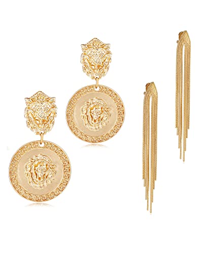 Gold Metal Clip On Earrings for Women Non Pierced Dangle Drop Earrings Multiple Styles - color: gold tassel + lion