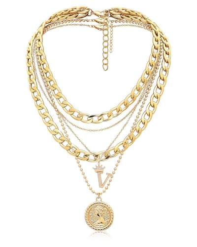 MJartoria Layered Necklaces for Women Trendy Retro Coin Crown Letter Pendant Necklace Dainty Chunky Chain Choker Necklaces for Jewelry Birthday Gifts - style: V