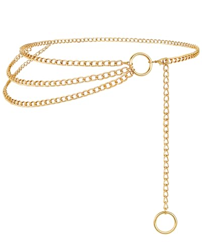 Chain Belt for Women Fashion Multilayer Metal Waist Chain Dress Belt Adjustable - size: Fit Waist Up to 46'', style: Gold-C