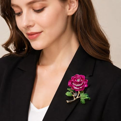 Gradient Purple Rose Flower Brooch Enamel Crystal Floral Lapel Pin Gold Tone Elegant Brooch for Women Suit Coat Scarf Accessory - color: Hot Pink