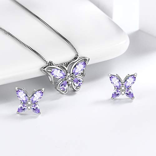 Aurora Tears Butterfly Jewelry,Women 925 Sterling Silver Butterflies Birthstone Pendant Necklace/Earrings/Rings Wedding Gift - color: F.June-set 1