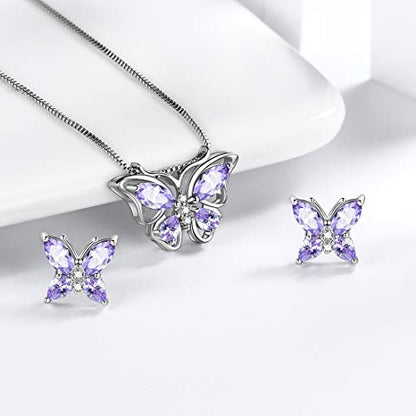 Aurora Tears Butterfly Jewelry,Women 925 Sterling Silver Butterflies Birthstone Pendant Necklace/Earrings/Rings Wedding Gift - color: F.June-set 1