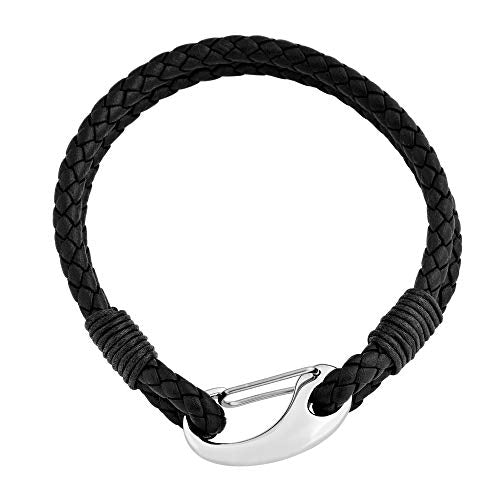 Edforce Braided Genuine Leather 2-Strand Cuff Bracelet with Stainless Steel Clasp - color: Black