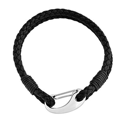 Edforce Braided Genuine Leather 2-Strand Cuff Bracelet with Stainless Steel Clasp - color: Black