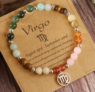 XAM 12 Zodiac Stone Beaded Bracelet - Natural Gemstone & Stainless Steel Charm Constellation Jewelry - color: E