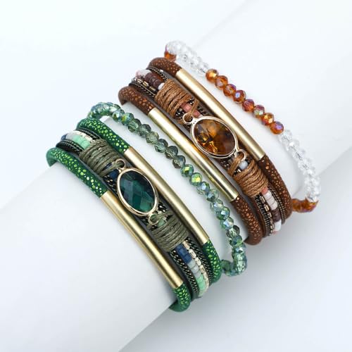 NEWITIN 2 Pieces Leather Wrap Bracelets for Women Leather Cuff Bangle Bracelets Boho Multi-Layer Bracelet Crystal Beads Bracelet for Women - color: Brown Green