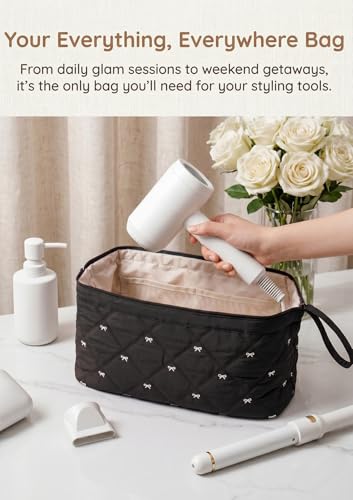 TeeYee Nylon Hair Tools Travel Bag for Dyson Airwrap Quilted Toiletry Bag | Travel Storage Bag for Shark Flexstyle/Curling Iron,Water-repellent,Wide-open,Well-structured,Heat-safe lining,001blackbow - color: Blackbow