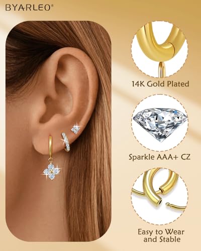 Surgical Steel Small Stud Clover Drop Dangle Huggie Hoop CZ Stud Earrings - color: A-GOLD