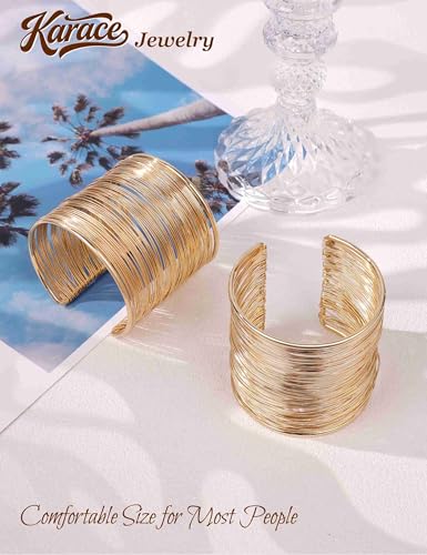2 Pcs Gold Cuff Bangle Bracelet Set for Women Irregular Minimalist Statement Bangle Bracelets Wide Open Chunky Wire Bracelets Wrist Cuff Adjustable Hammered Bracelet - color: Gold D