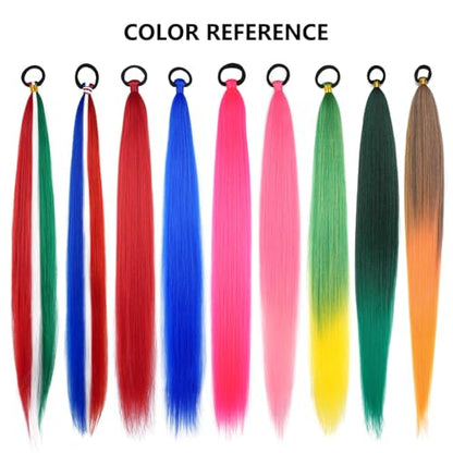 Ponytail Extension 2 Pc Rose Red Braid Ponytail Extension with Elastic Tie | Rave Hair Extensions Straight Wrap Around Hair Extensions Ponytail, 26 Inch Natural Soft Synthetic Hair Piece for Women - color: Rose Red#, size: 26 Inch（Pack of 2）