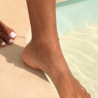 Gold Anklets for Women 14K Gold Plated Tiny Bead Anklet Colorful Tassel Foot Chain Dainty Adjustable Cute Summer Beach Boho Anklets Jewelry Gift - color: crystal rose