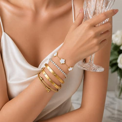 18K Gold Plated Love Bangle Bracelet Stack for Women, Adjustable Clover Bracelet & CZ Tennis Chain Set, Stackable Layered Jewelry, Fade Resistant, Long-Lasting Luster for Daily Wear & Gift - color: 5Pcs Gold White