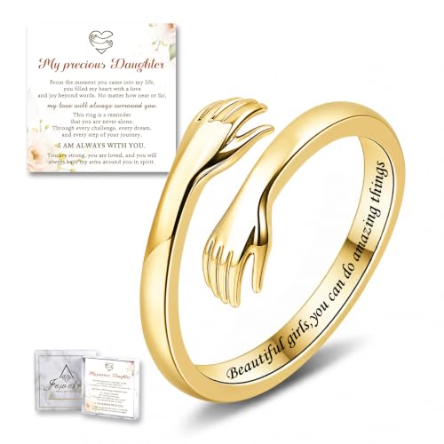 Sterling Silver Hug Ring for Women Teen Girls Adjustable Love Promise Ring Inspirational Open Rings Mothers Day Birthday Gift for Daughter Granddaughter Mom Wife Best Friend - color: 18K Gold / Daughter Gift(Beautiful g***s,you can do amazing things)