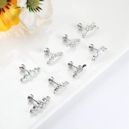 8Pcs Stainless Steel 16G Conch Piercing Jewelry Helix Cartilage Earrings | Flower Opal CZ Stud Earrings Set with Flat Back for Women, 18K Gold Plated, Silver, Rose Gold - color: Silver