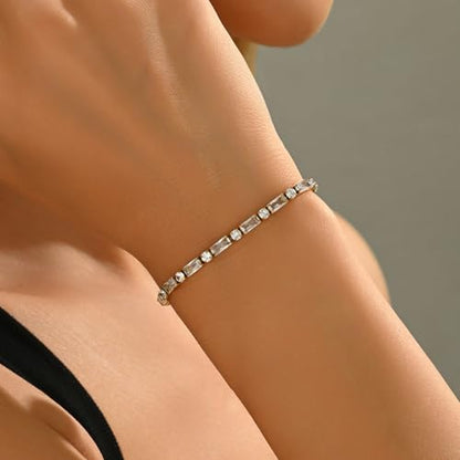 18K Gold Plated Multi-Color Classic Tennis Bracelet for Women Dainty Color 3mm Rainbow Cubic Zirconia Bracelet Adjustable CZ Gold Bracelets Trendy Summer Jewelry Gift - style: White-Gold