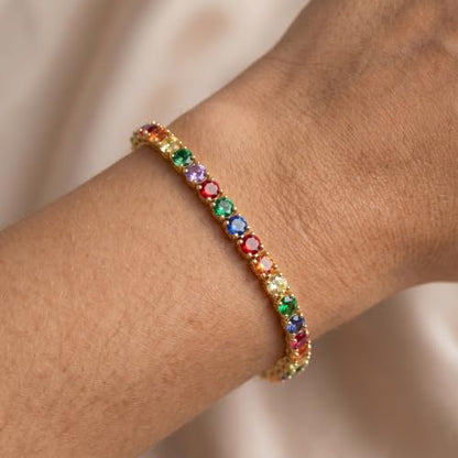 925 Sterling Silver Bracelets for Women Stack, Trendy Tennis Bangle Cuff Jewelry Set 14K Gold Plated, Adjustable Bracelet Set for Wrist Essentials, Women Fashion Watch Band Acecessories - style: SZ-TENNIS-rainbow4mm-gold