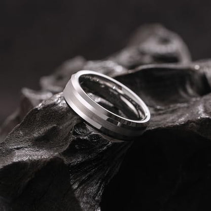 King Will Classic Tungsten Carbide Ring Brushed Two Grooved Center Hammered Design Mens Wedding Band for Men | Black/Silver/Gold, 8mm, Men's Wedding Band, Grooved, Comfort Fit, Everyday Wear - color: A-Silver 6mm