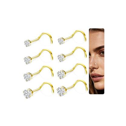 15PCS 14K Gold Plated Nose Rings Studs Set for New Piercing Beginners - color: 8pcs/Screw/20G/Gold