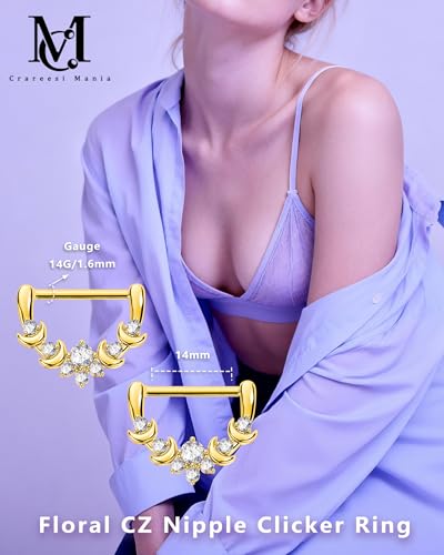 CM Crareesi Mania Moon Nipple Clicker Rings,14G Nipple Shield Rings, 316L Stainless Steel Nipple Barbells Clear CZ, Nipple Rings for Women - color: Gold